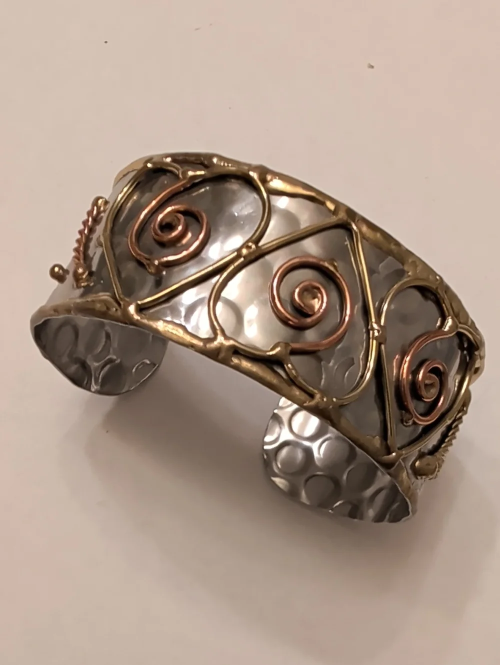Mixed Metal Swirl Cuff Bracelet - Silver, Gold & Rose Accent